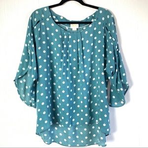 Maeve Polka Dot Button Sleeve Scoop Neck Blouse M
